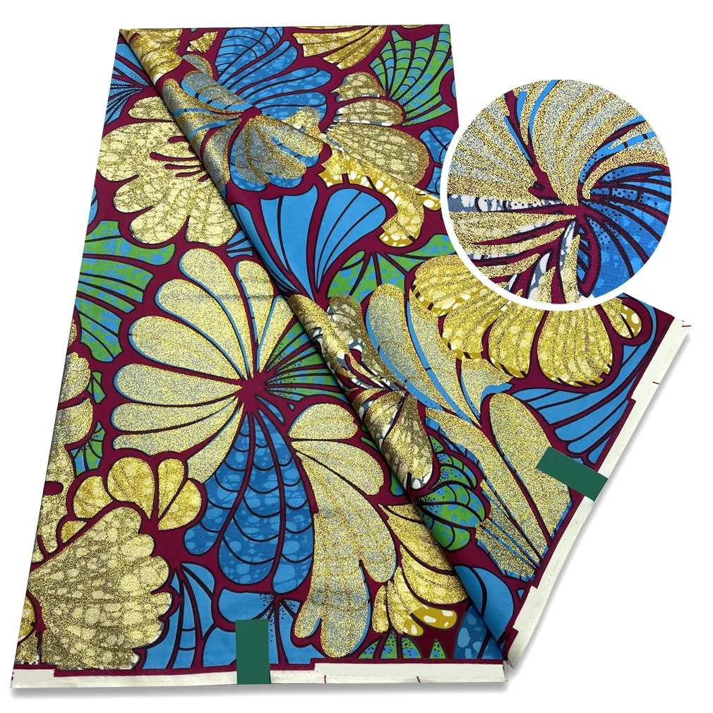Wholesales 100% Cotton 6 Yards Grand Golden Super Ankara Holland Printed Wax With Glitter