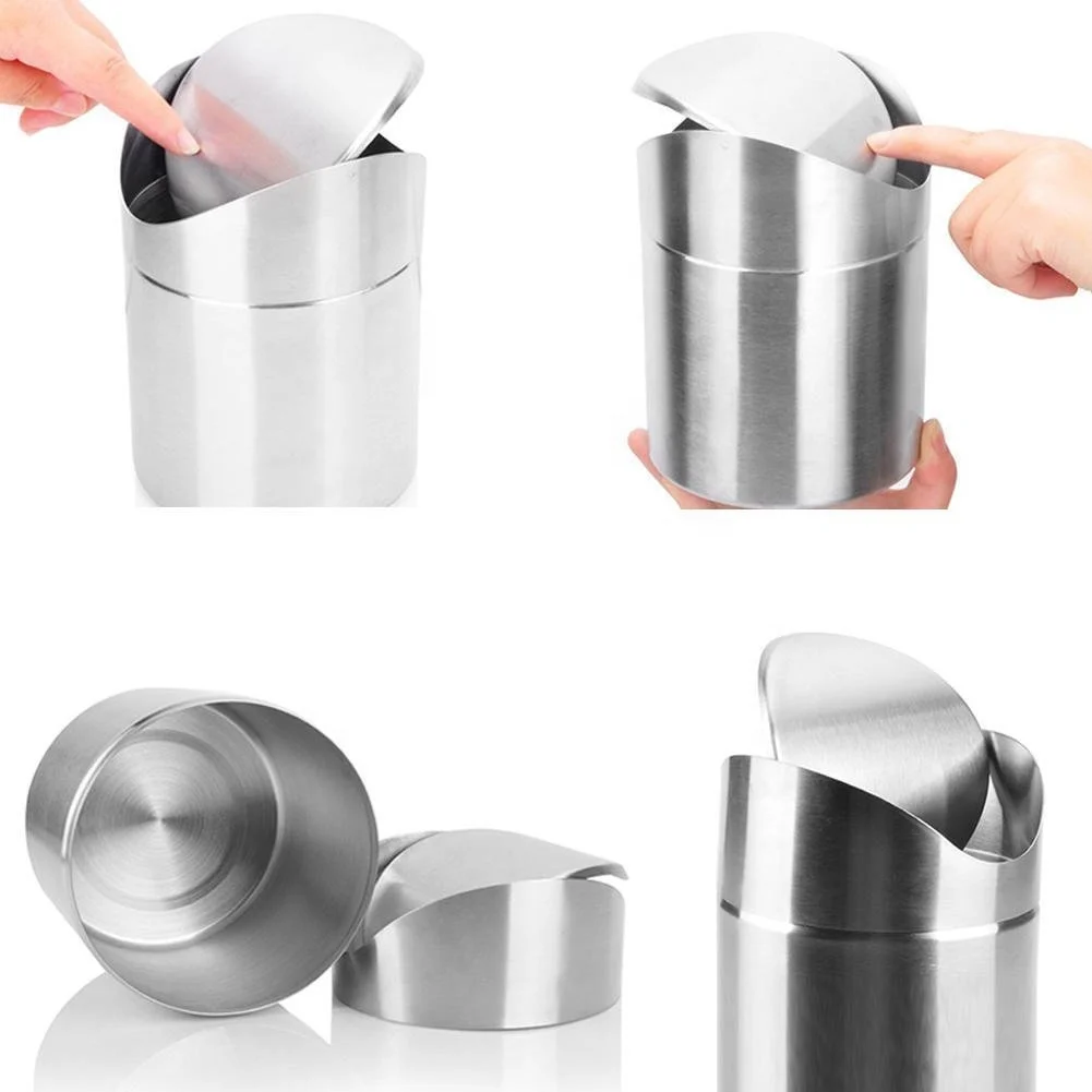Countertop Brushed Stainless Steel Swing Lid Table Desk Car Mini Trash Can Trash Bin Set 0.4 gal