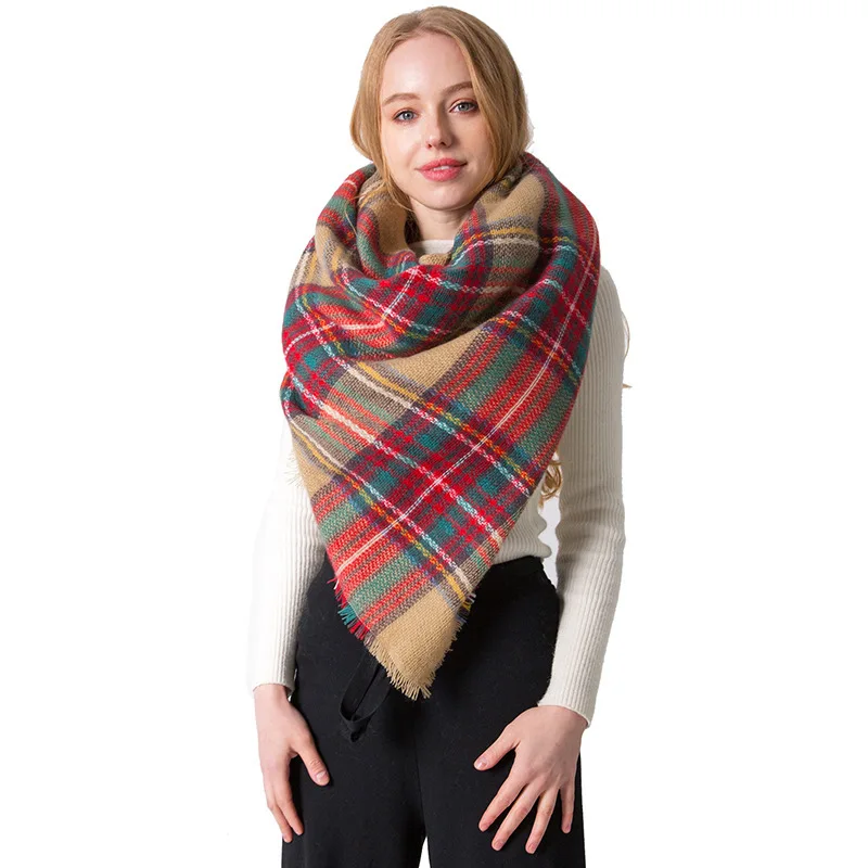 
High Quality Fashionable Girls Scarf Winter Acrylic Double-Sided Color Plaid Knit Pashmina Scarf For Women 