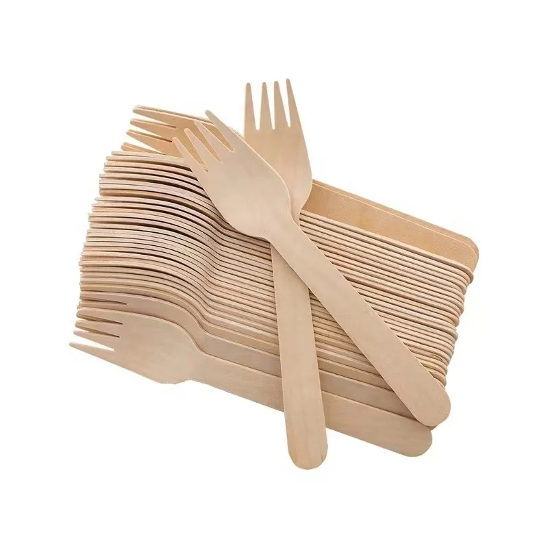 Eco-Friendly Compostable Birch Wood Utensils Disposable Wooden Forks with Custom Logo Wedding Birthday Parties  Serving