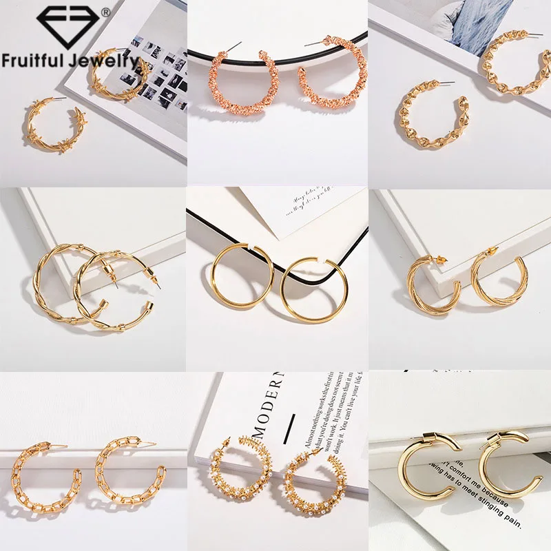 New vintage circle alloy oversized big hoop pearl gold plated earrings C-shaped geometric metal earrings for women hoop mix