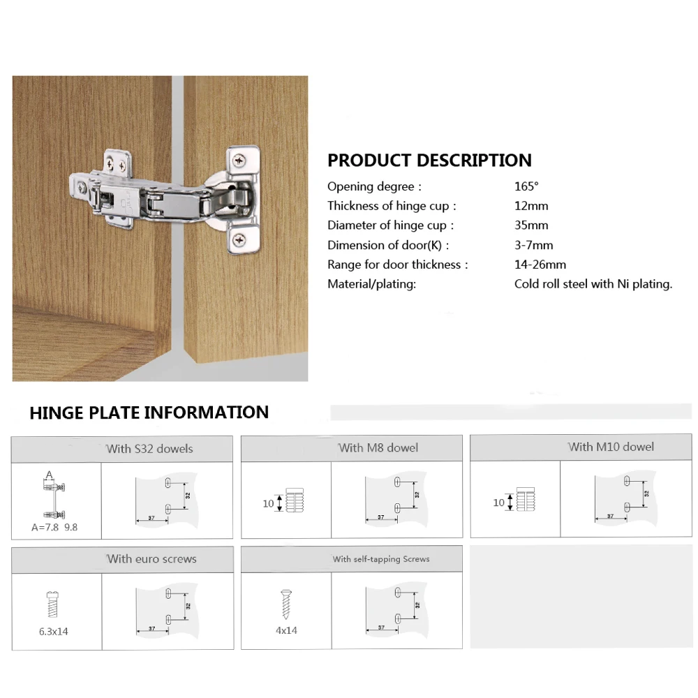 Cabinet hinge 165 Noiseless damper hydraulic soft close hinges