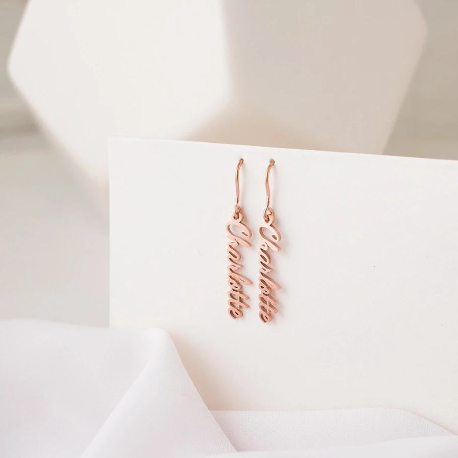 Stainless Steel Tarnish Free Jewelry Girls Custom Dangling Name Earrings Personalized Fish Hook Vertical Nameplate Jewelry