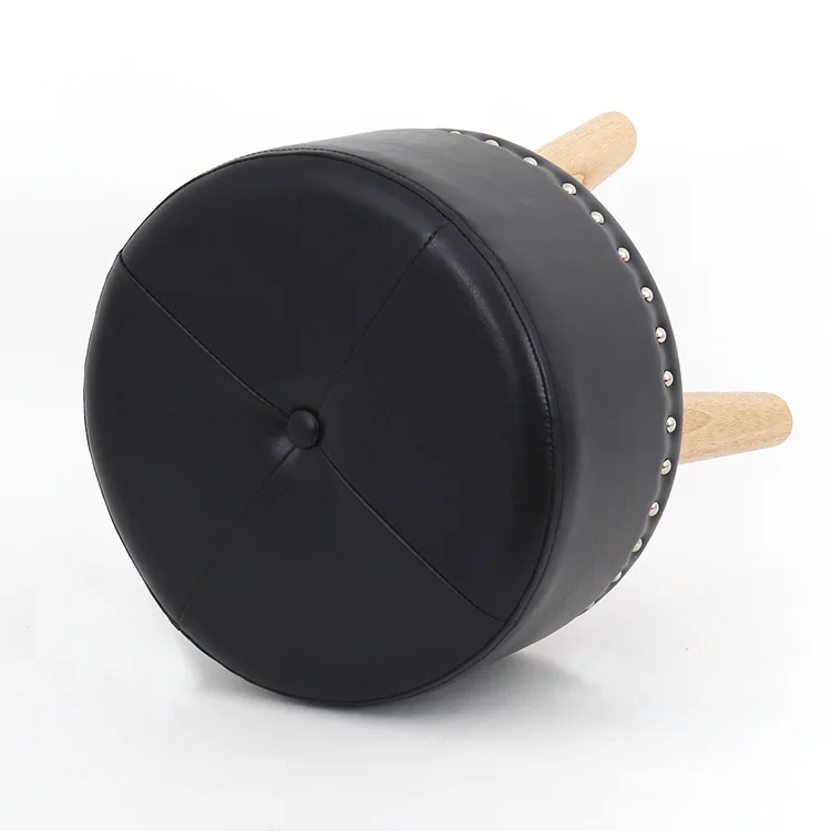 Customized black faux leather round stool ottoman with wooden legs for living room