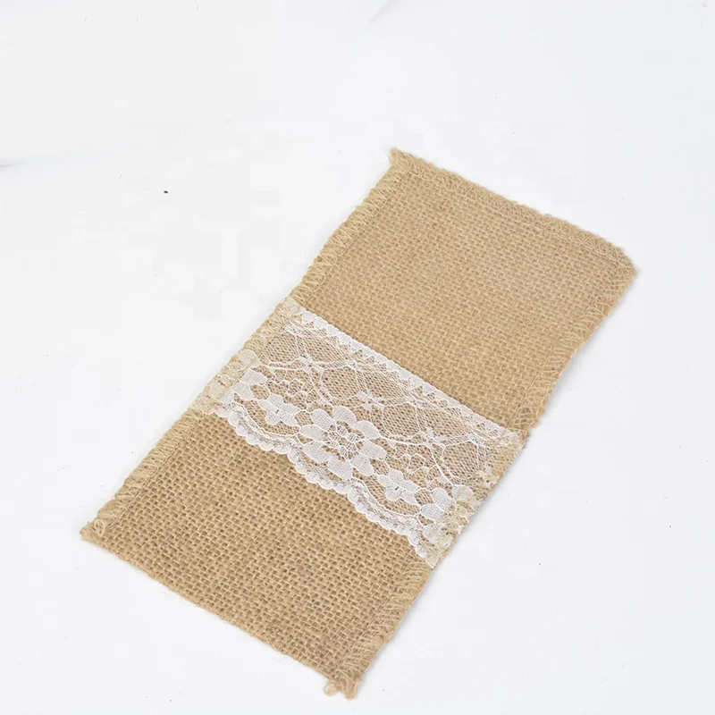 Burlap Lace Cutlery Holders Vintage Rustic Hessian Jute Pocket Knife and Fork Bag for Wedding Party Decoration