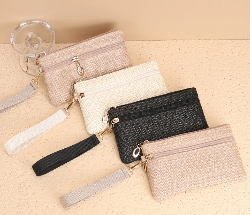 Hot Sale Coin Purse Straw Woven Long Wallet Mini Wristlet Double Zipper Phone Bag Purse For Women