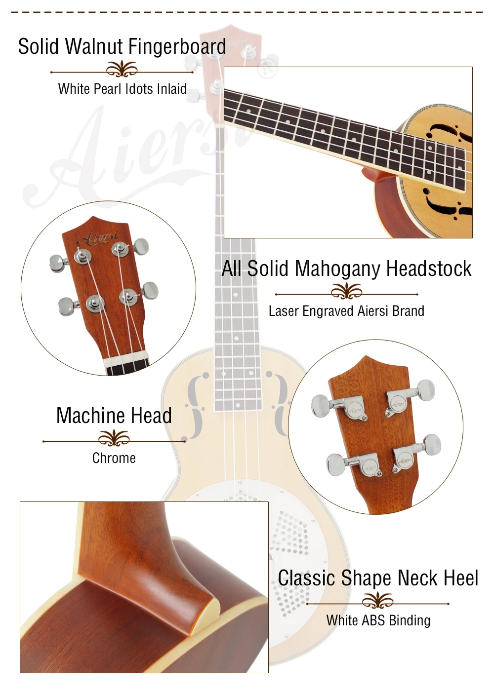 Aiersi brand China made 26 Inch Tenor F Holes Spruce Top Resonator Ukulele travel guitar with case