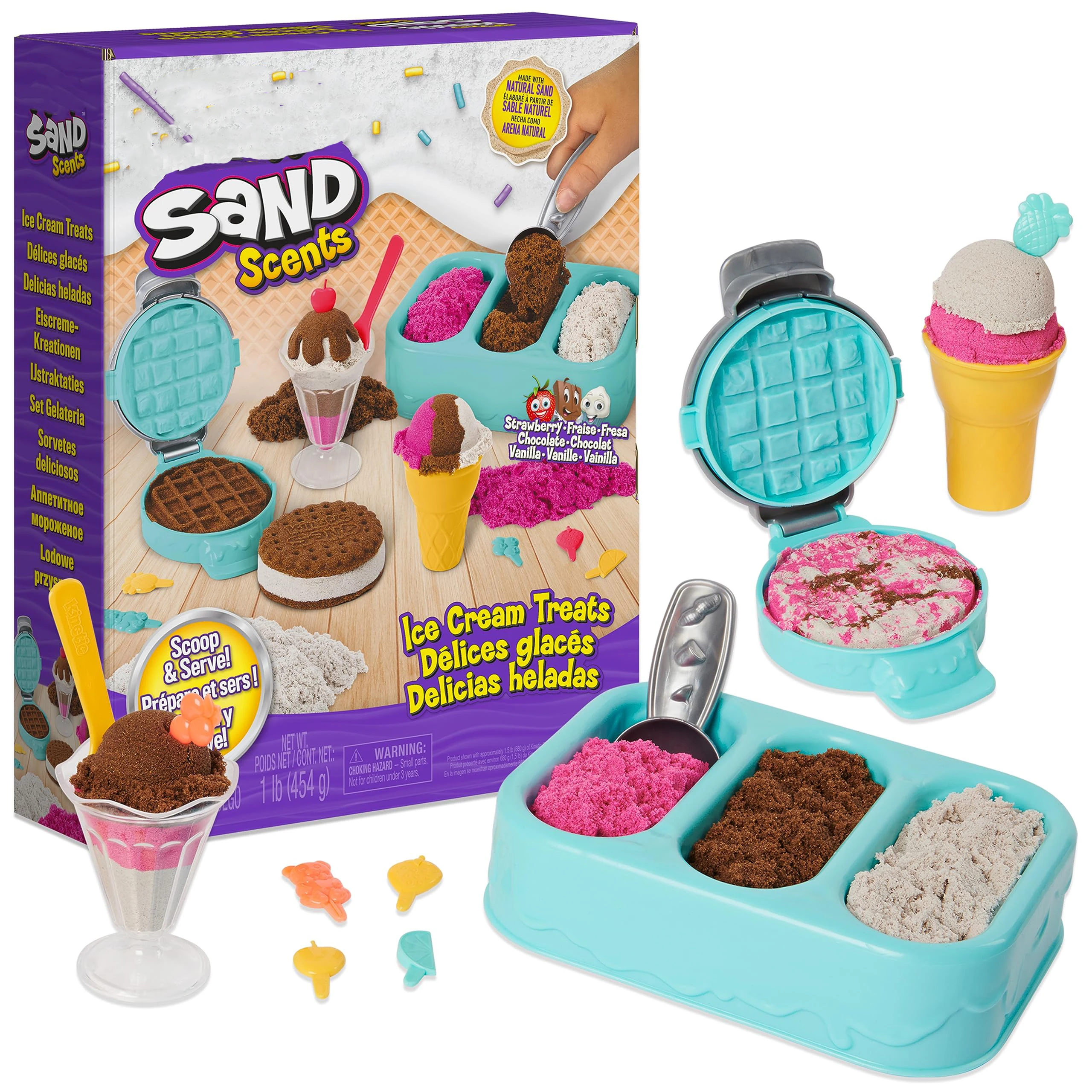 Ice Cream Treats Play Set with 3 Colors of All-Natural Scented Play Sand and 6 Serving Tools, Sensory Toys for Kids