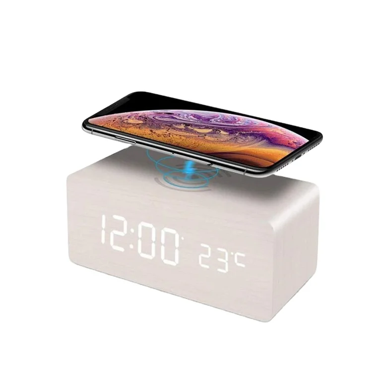 new Qi wireless phone charging alarm clock wooden digital LED table clock promotional gift wood desktop table clock