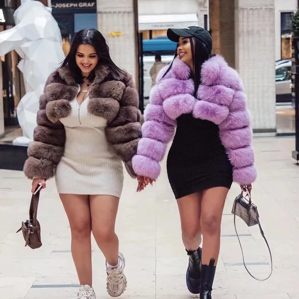 Quick Shipping Real Fur Fluffy Short Style Women Fashionable Hooded Fox Coat