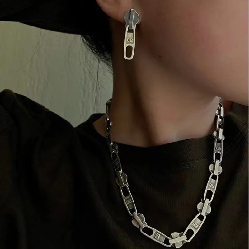 Retro Zipper Pull double B stainless steel necklace