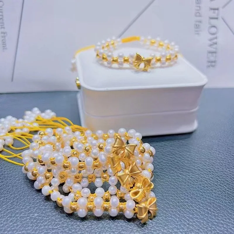 Aimgal Fine jewelry 999 Gold Beads 5D Hard Gold Bow Natural freshwater pearls Transfer Bracelets Pure Gold tarnish free