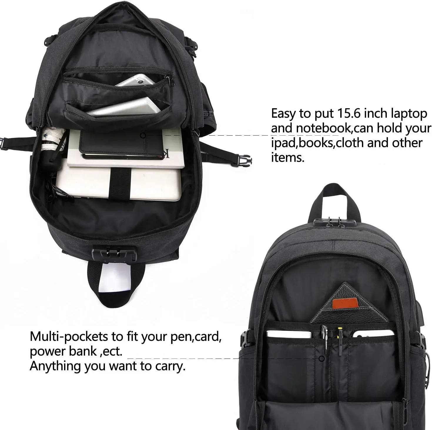 Popular OEM ODM Black Business Laptop Backpack with USB Port Lock Theft Travel