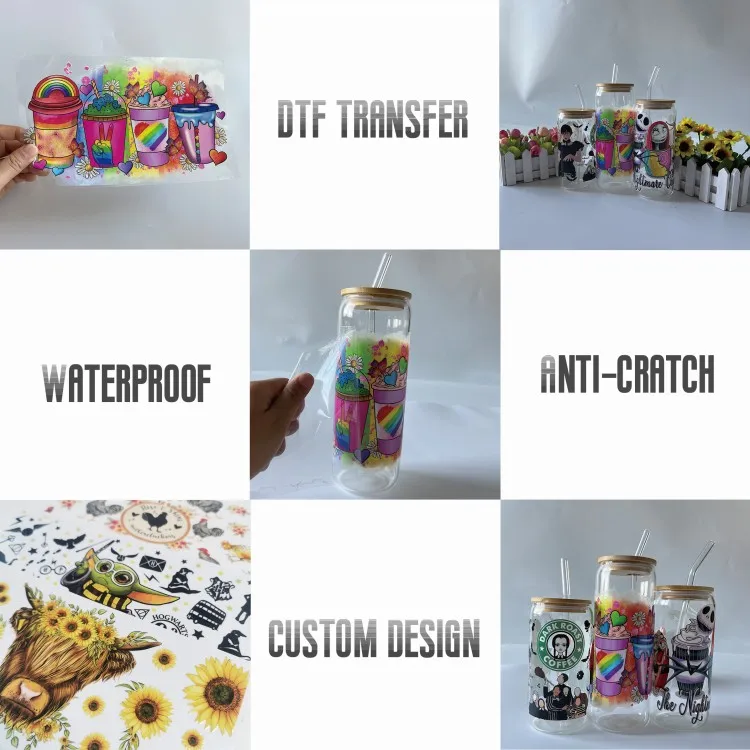 Custom Designs ECO Solvent Transfers UV DTF Cup Wrap Transfers 16oz UV DTF Libbey Wrap Tumbler Stickers