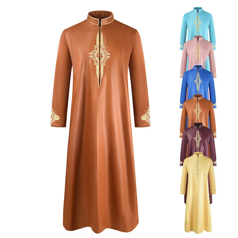 Moroccan Style Islamic Men Long Sleeve Robe Solid Color Embroidery Round Neck Arabian Muslim Robes
