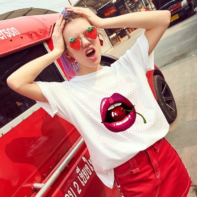 
Women O-Neck Short Sleeve Top Tee Red Lips Printed T Shirts 