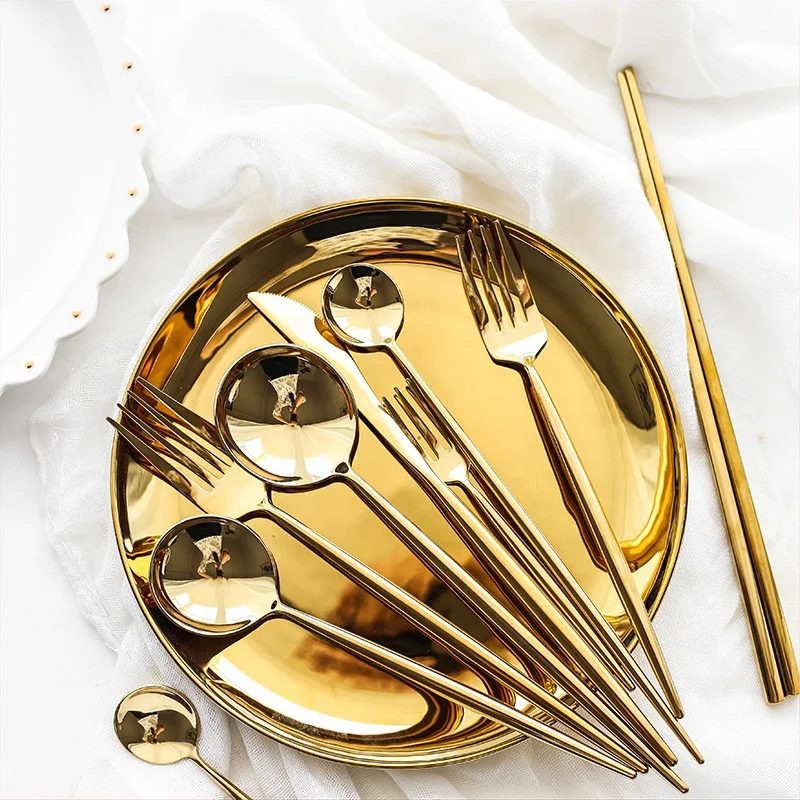 Stainless steel 304 Portuguese tableware gold cutlery titanize 420 knives and spoon polish mirror fork flatware for event party