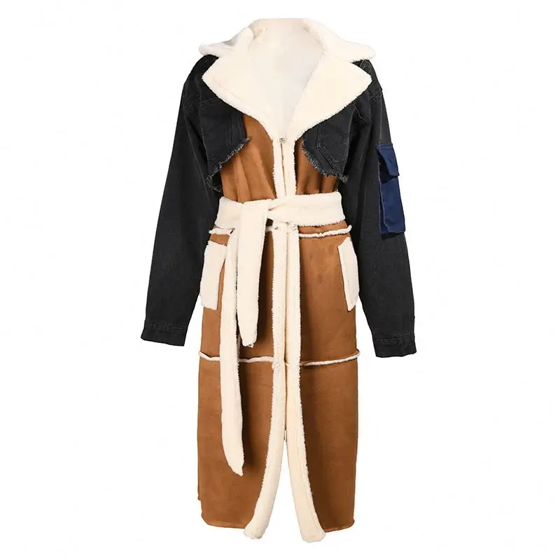BH281  2021 Fashion Winter Patchwork  Lamb Hair Lining Thickened Long Coat for Women