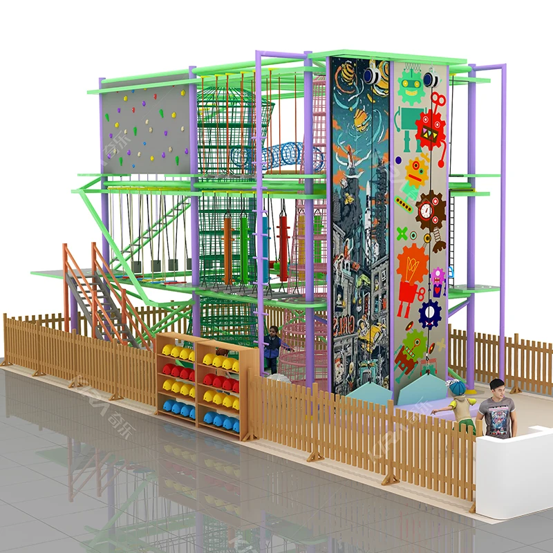 New Design children playground equipment high rope course with climbing wall for sale