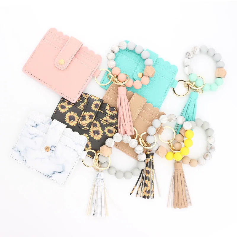 Silicone Bead Bangle Key Ring Pu Card Holder Bracelet Keychain With Matching Wristlet Wallet
