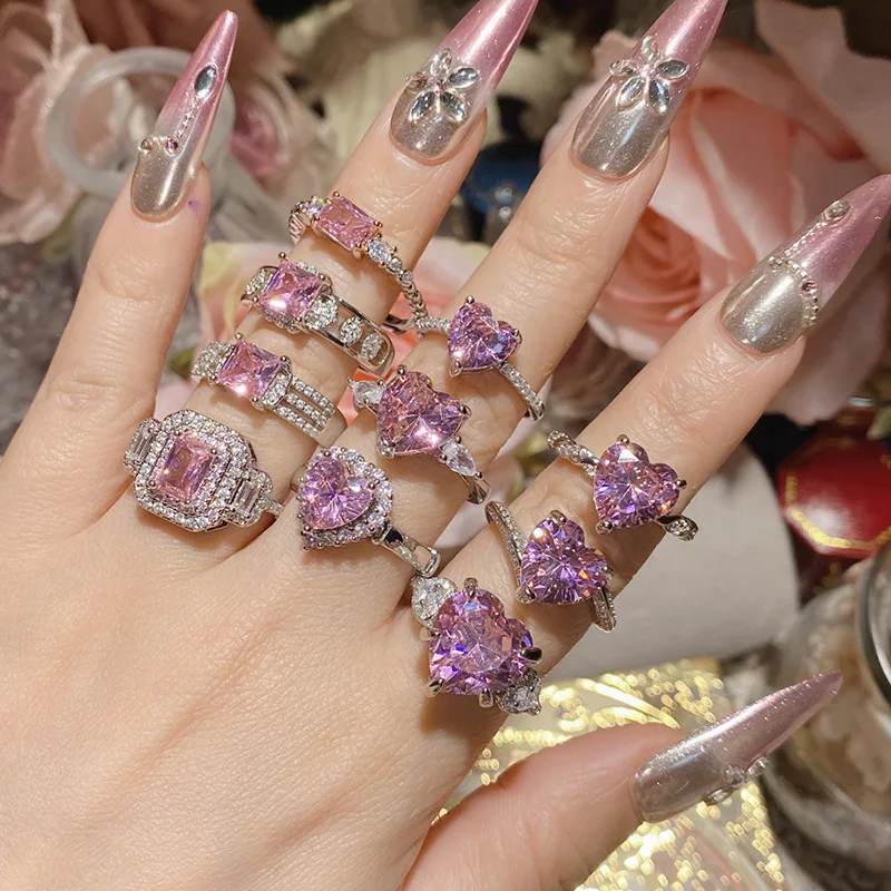 pink sapphire and diamond ring Exquisite 18K Plated Radiant Zirconia pink heart ring different design large diamond open ring