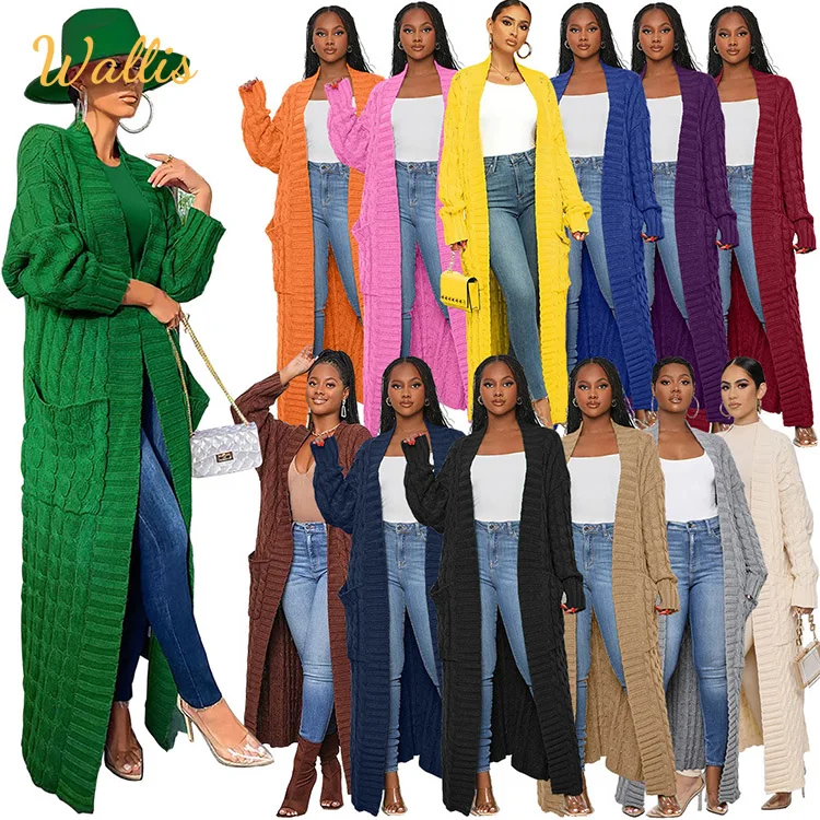 Зимняя Повседневная Женская свободная вязаная куртка с карманами на заказ розовая зеленая одежда длинный женский кардиган открытым спереди свитер пальто