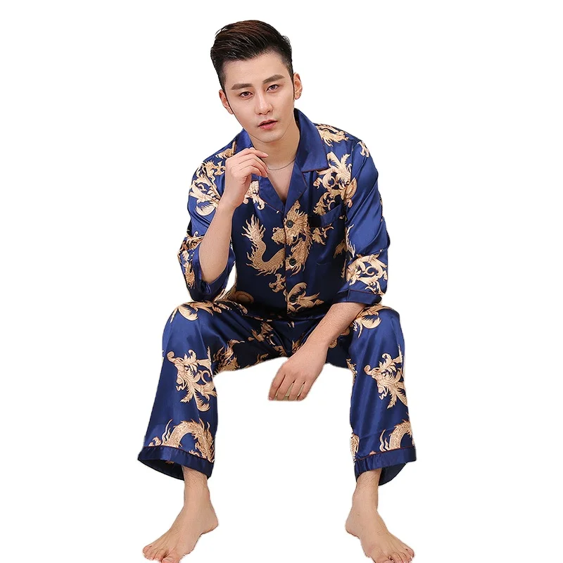 Night Dresses for Men Satin Print  Pajamas Suit Home Wear Sleepwear Lightning PJ Silk Pajamas Satin Long Trouser Accept Custom