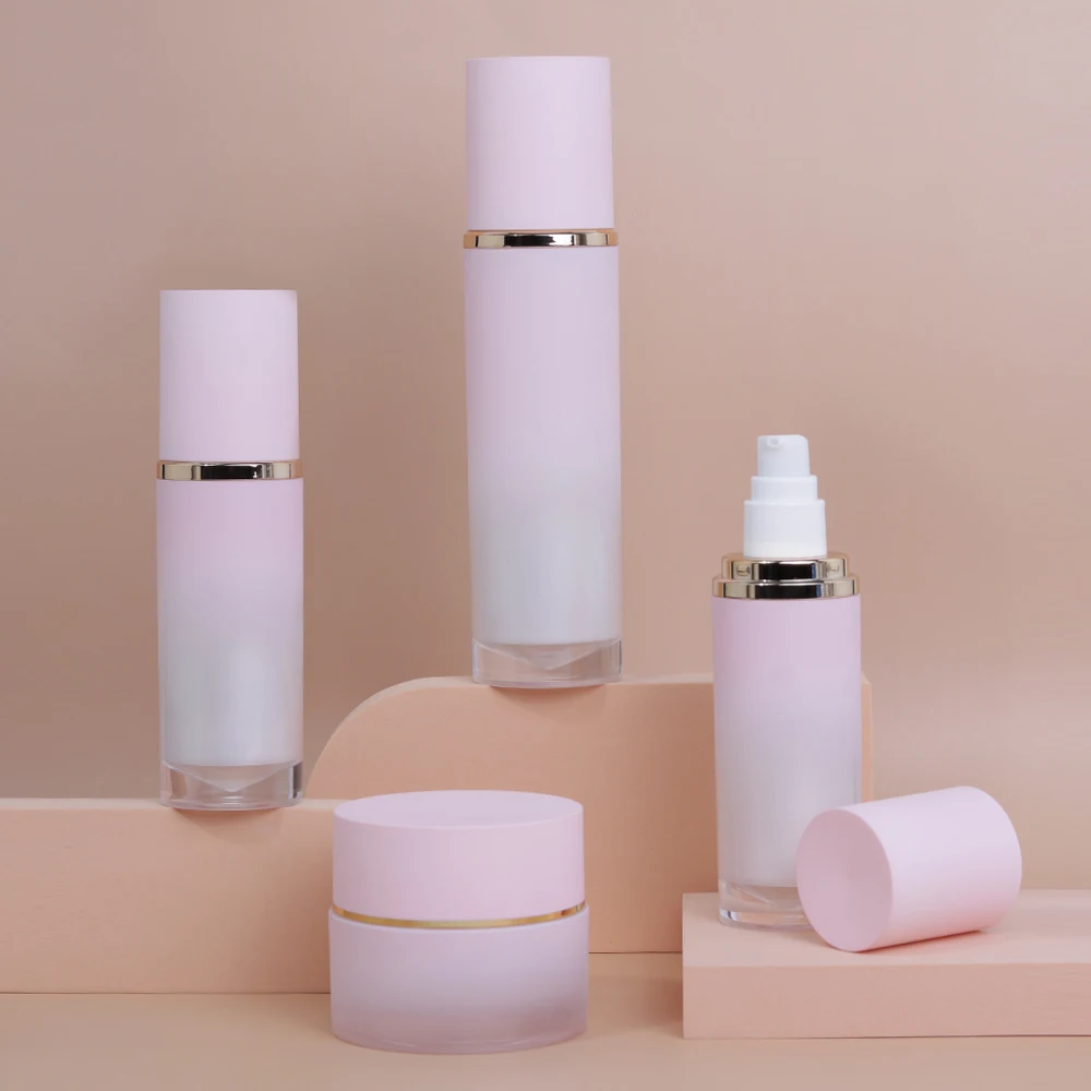 Custom Unique Pink Frosted Skincare Packaging Lotion and Spray Bottle Plastic Face Cream Jar and Bottle for Skincare Set