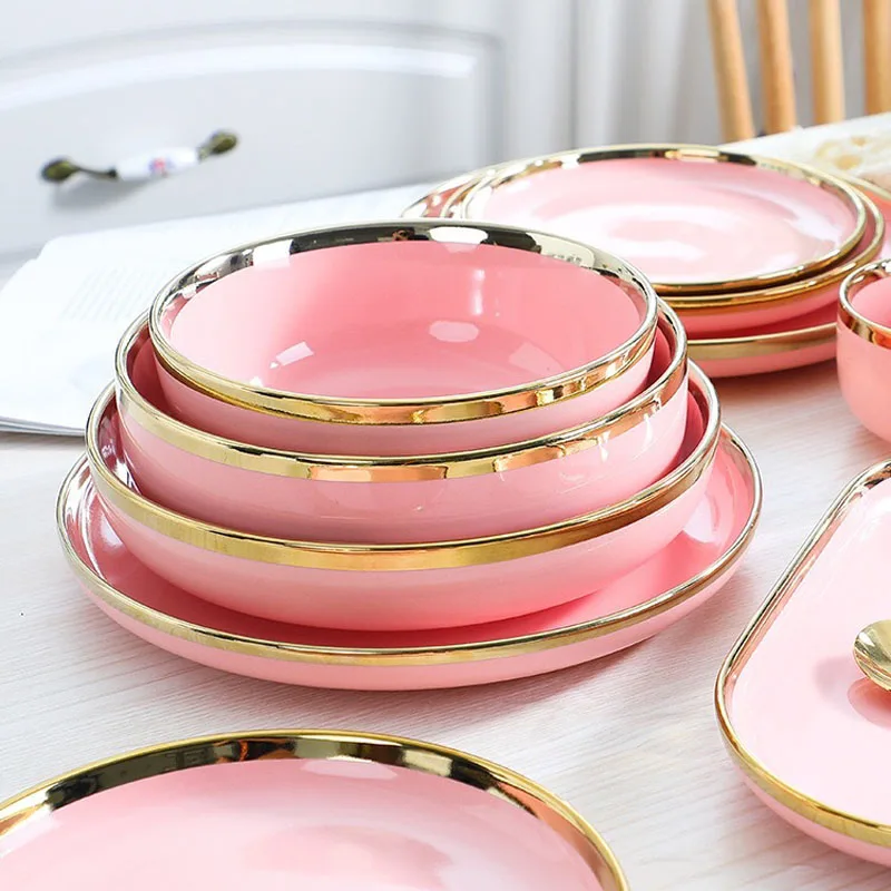 Cheap Wholesale Restaurant Hotel Bone china Fine Ceramic New Style Chinese Porcelain Pink Dinner Set Dinnerware