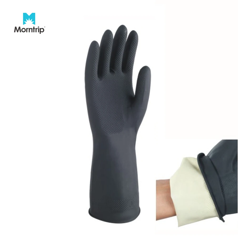 High Quality Lightweight Thin 33cm En388 Heavy Duty Black Flock Lined Natural Latex Diamond Grip Rubber Glove (1600479299779)
