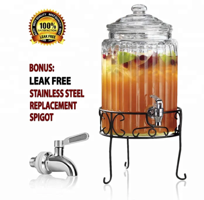 Manufacture high quality glass juice beverage drink dispenser with tap and stand squate for kitchen wedding bar restaurant