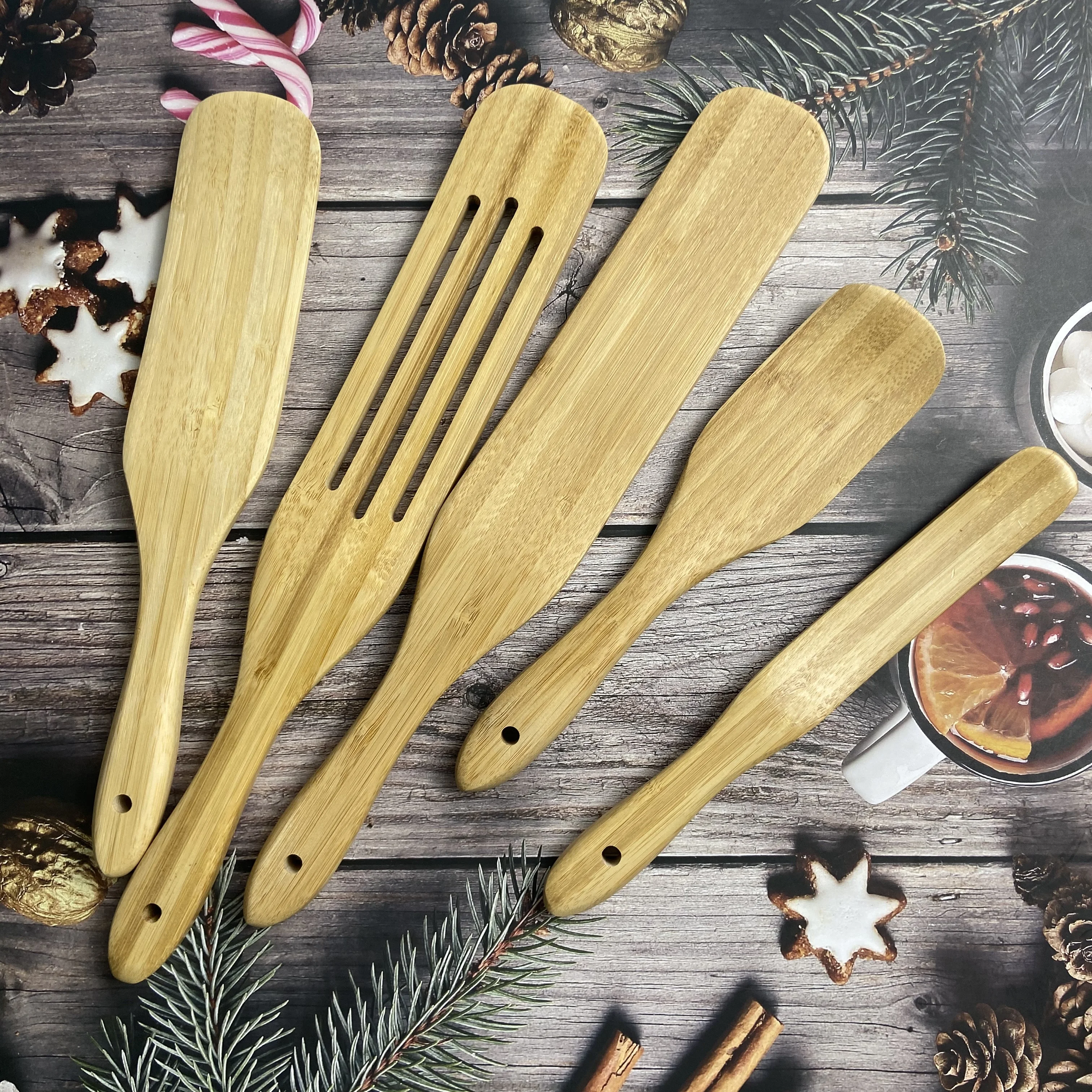 Diyue Home Kitchen Cooking Utensils Tool Eco Friendly Camping Spatula Set of 5 Spatulas Organic Bamboo Wood Spatula
