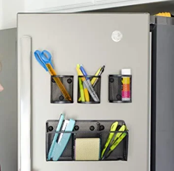 Office Supplies Black Magnetic Pencil Holder (4-pack) - Strong Magnet Wire Mesh Storage Basket Organizer Organizes Pens, Pencils