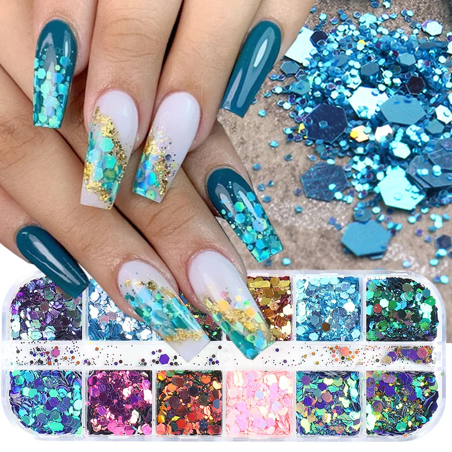 12 Grids/box Mixed Laser Colorful Chameleon Nail Glitter Sequins Manicure DIY 3D Nail Charm Box For Women Nail Art Decoration