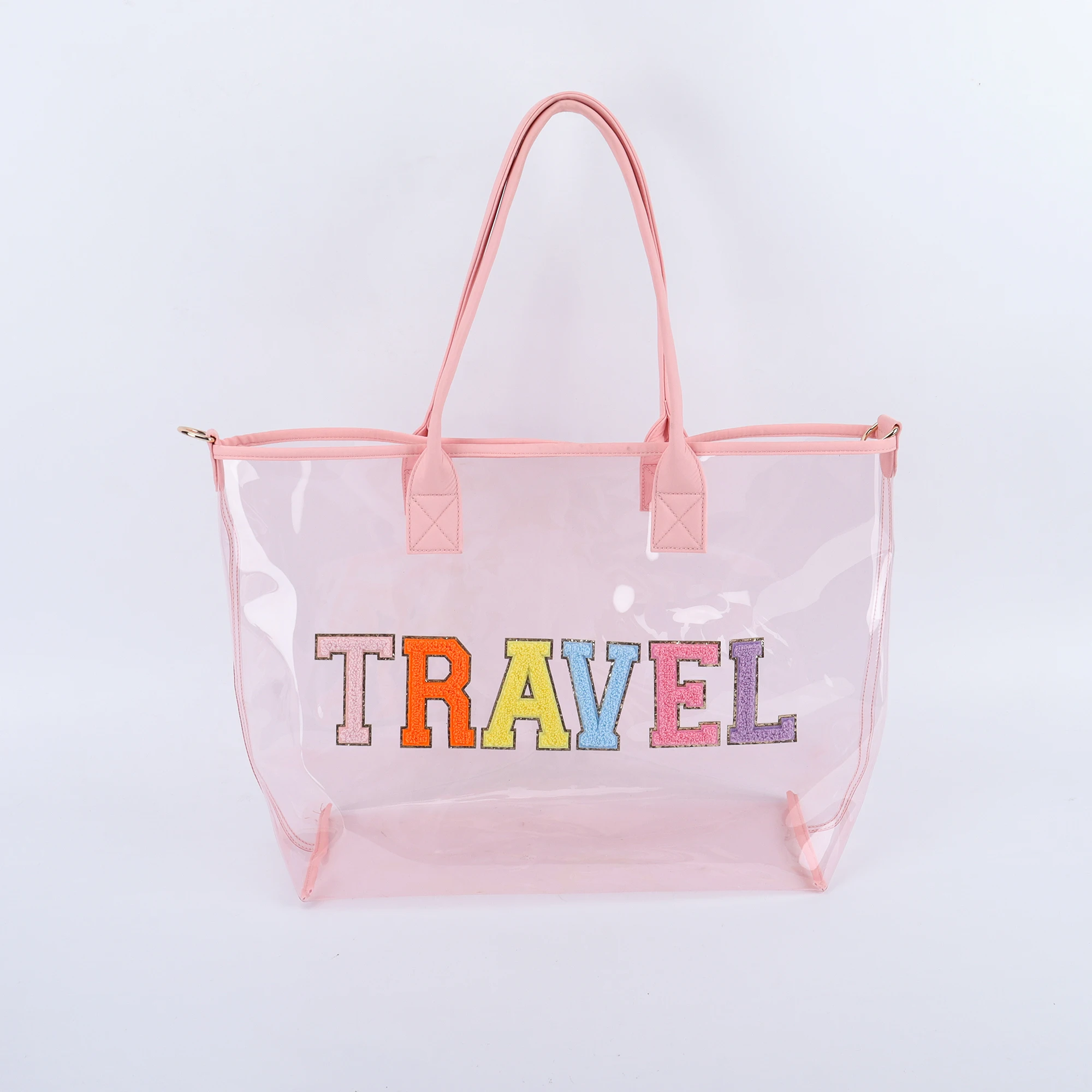 Durable Personalized Chenille Letter Patches DIY Candy Colors PVC Transparent Waterproof Handbag Large Clear Hand Bag Beach Tote