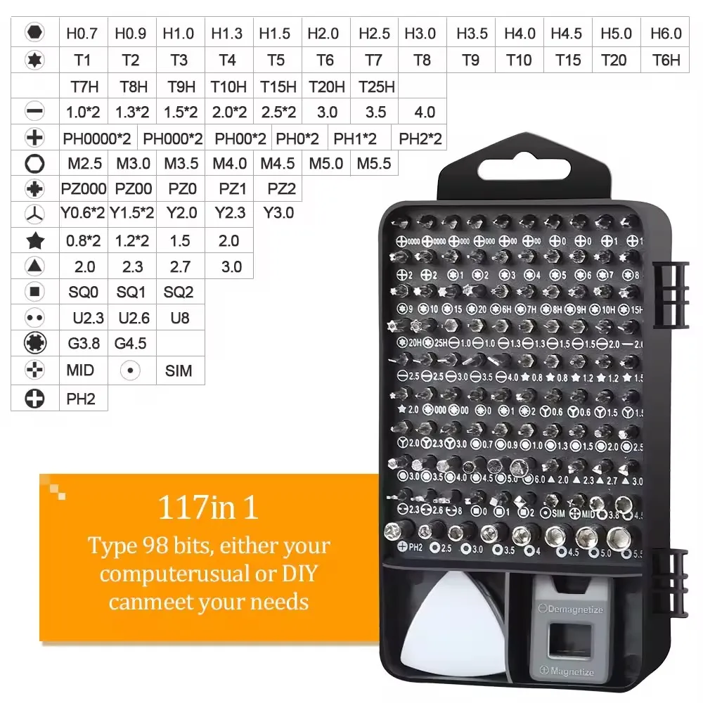 Hot Selling 117 In 1 Small Precise Screwdriver Set with 98Pcs Interchangeable CRV Steel Magnetic Bits for Xiaomi Phone Repairing