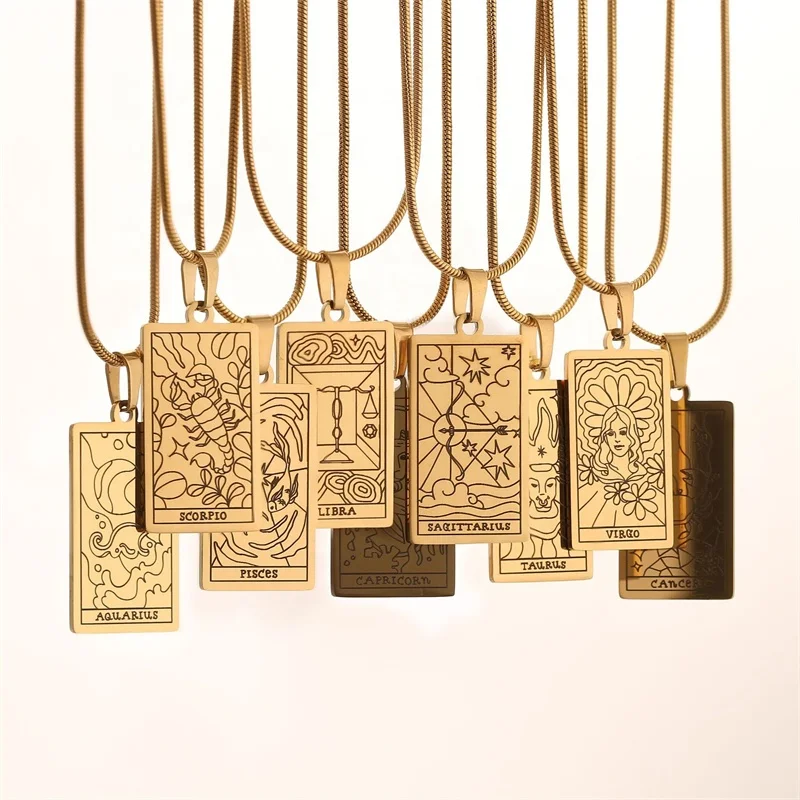 New Stainless Steel Square Pendant Zodiac Charm Necklace Waterproof 12 Horoscope Amulet Choker Necklace