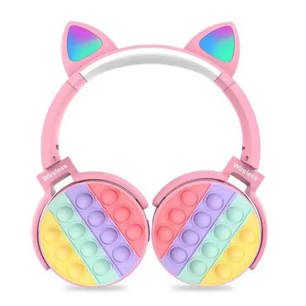 Wholesale Stock Christmas Gift LED Lights Headset Auriculares Push It Bubble BT Cat Ears Headphone Wireless for Kids