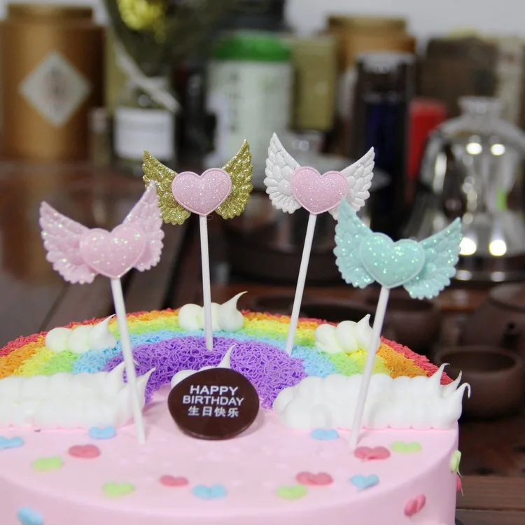 Wedding Party Baking Cake Shop Display Dessert Decoration Supplies Cute Angle Wings With Heart Cake Topper