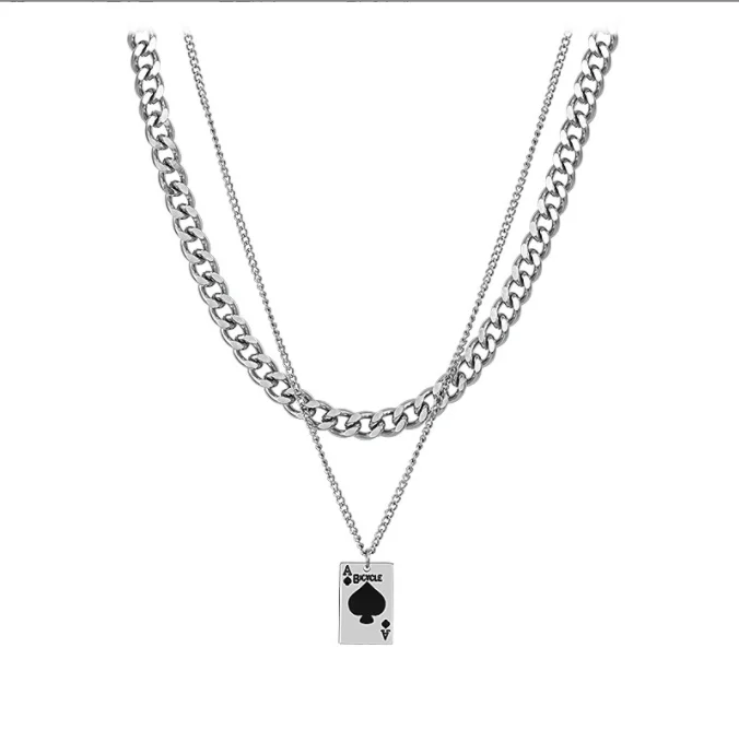 Cold talk wind poker ace of Spades Cuban double layer necklace female stacked hipster male hip hop personality clavicle chain