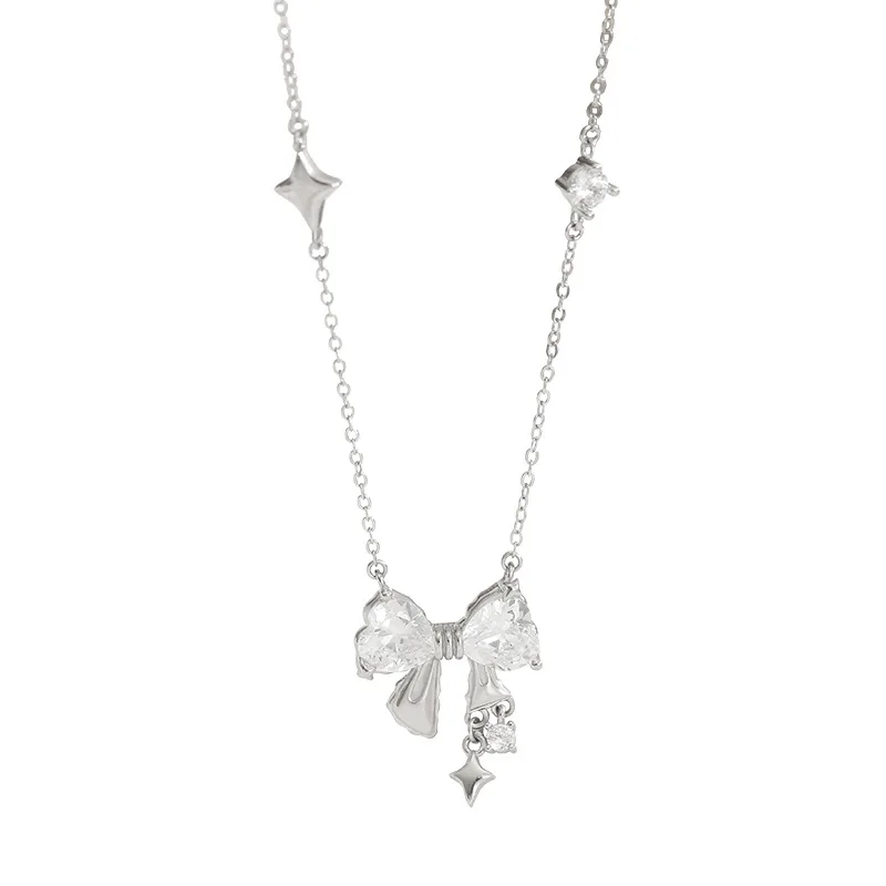S925 Sterling Silver Star Bow Zircon Jewelry Necklace INS Style Korean Internet Celebrity Niche Design Sense Clavicle Chain