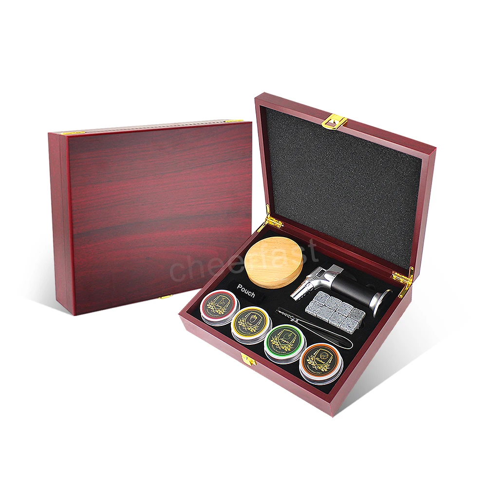 Wooden Box Cocktail Smoker Kit Gift Set Whiskey Smoker Infuser Kit For Drinking With Granite Ice Cube Torch And Wood Chips