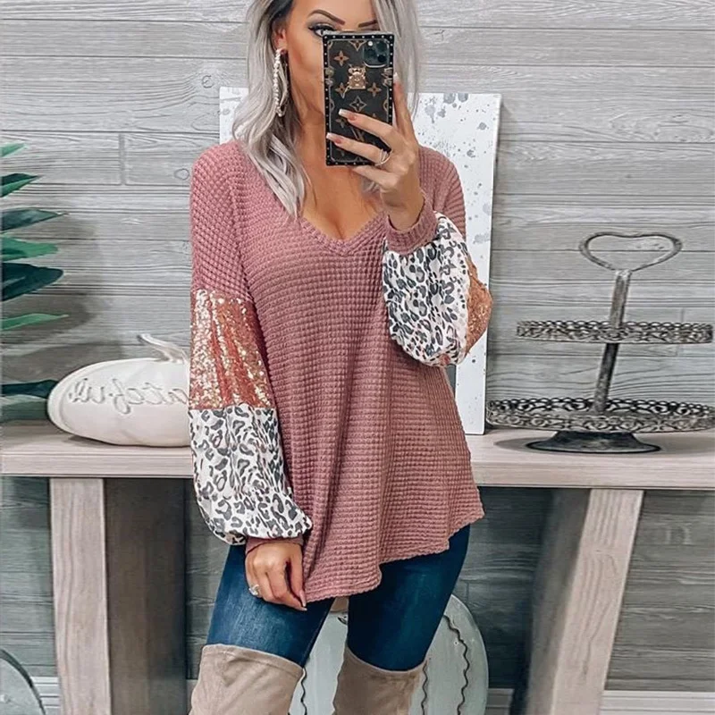 
Wholesale Monogram 2021 Waffle Patchwork Sequin Sleeve Ladies Top,Sequin Leopard Sleeve Women Sweater 