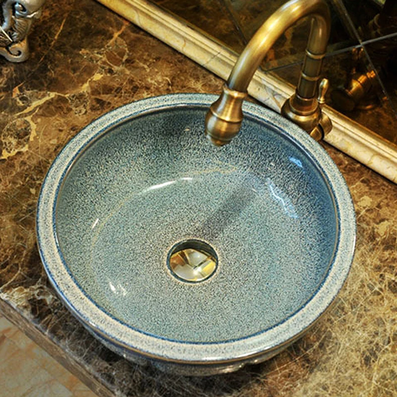 China Painting Ceramic Painting Art Porcelain Bathroom Vessel Sinks Round blue above countertop wash basin Antique Hotel Basin