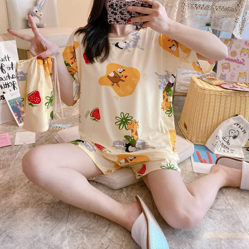 Summer short-sleeved three-piece shorts Cute Korean style sweet loose plus size homewear pajamas get buggy bag free