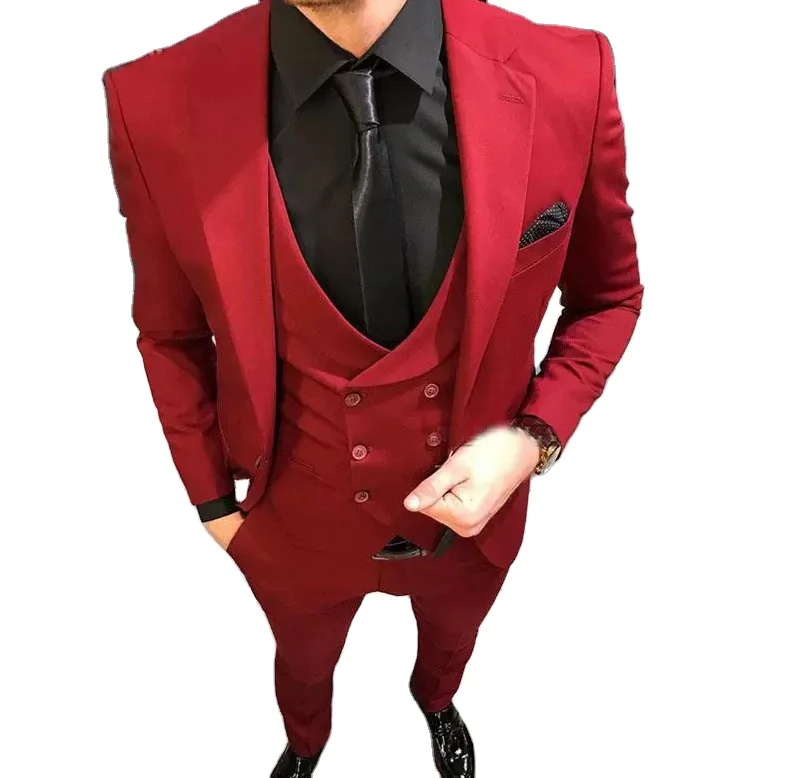 Red Notched Lapel Classic Men Suit For Men Groom Tuxedos Terno Masculino Business Suits Men 3 Pieces( Blazer+Pants+Vest)