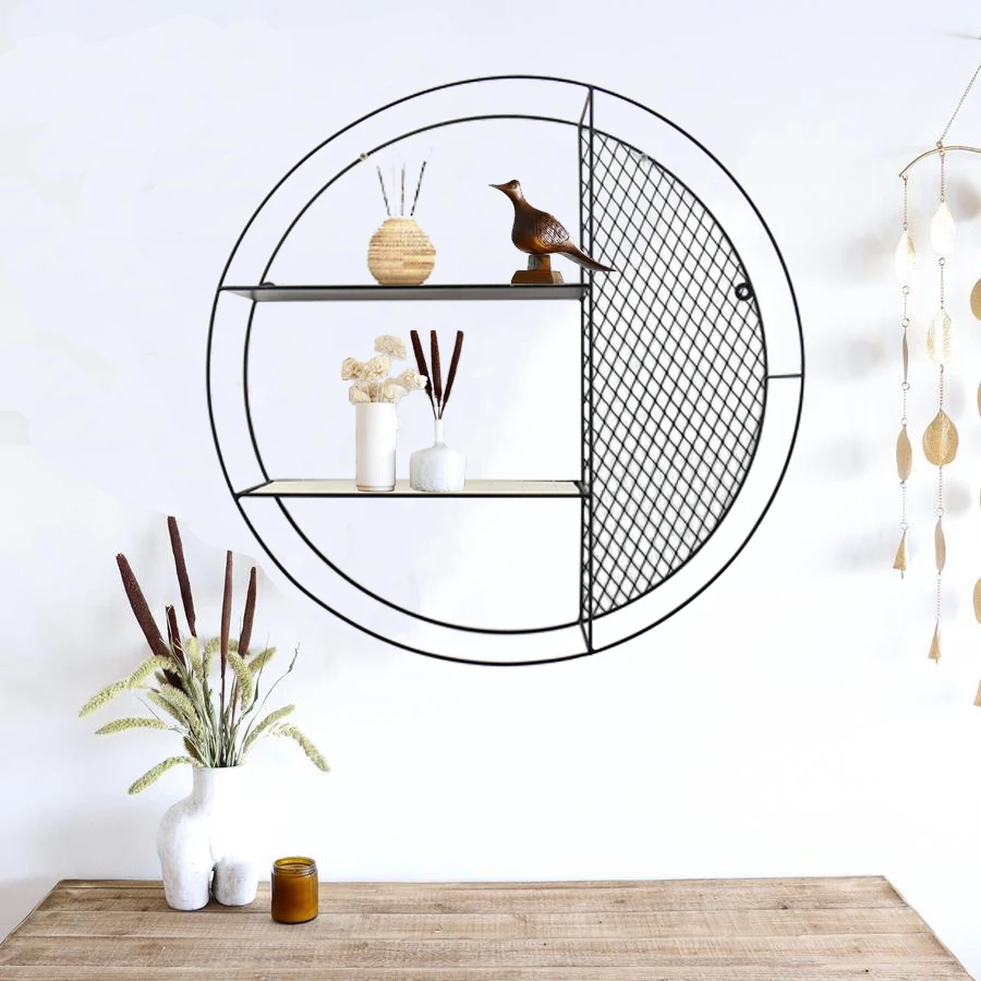 Best sallers 2021 Industrial Style Metal Round Shape Grid Wall Shelf Hanging Floating Display Iron Wall Holder Rack