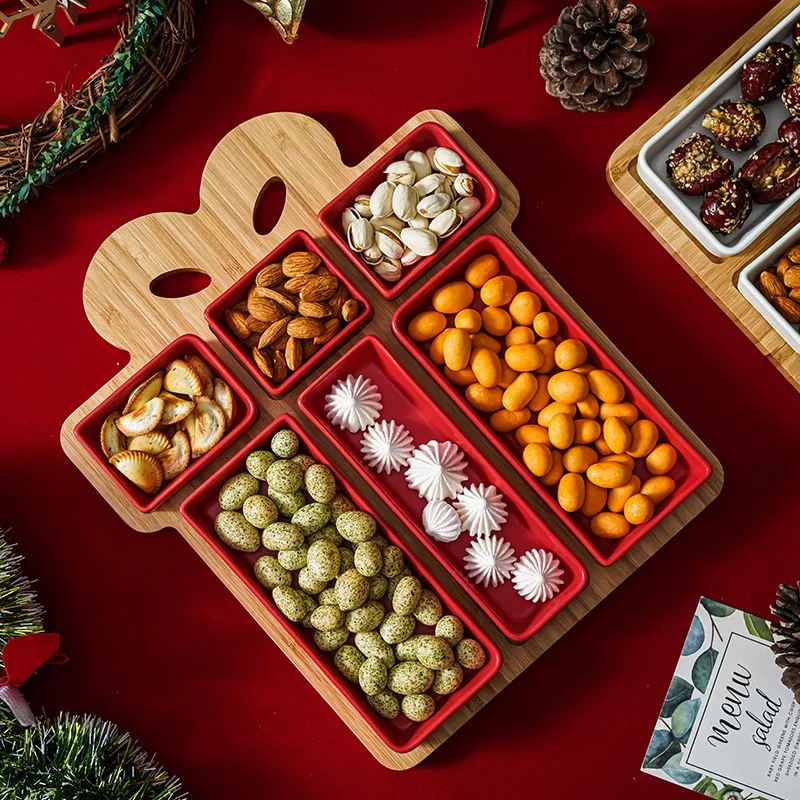 Керамическая тарелка для закусок с бамбуковым подносом