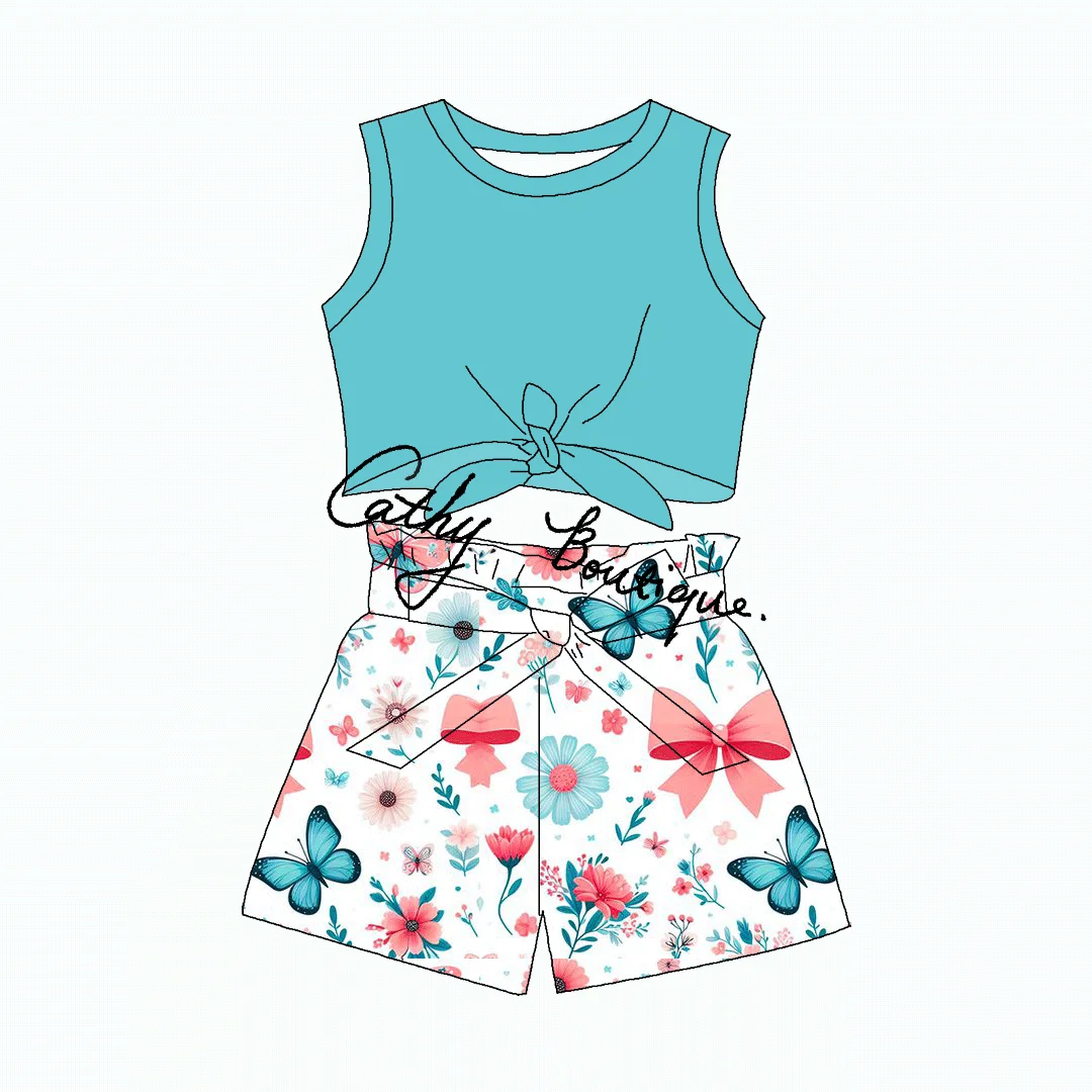 Customizable  western cow printing Kids Boutique tie crop top with shorts summer 2pcs  outfit