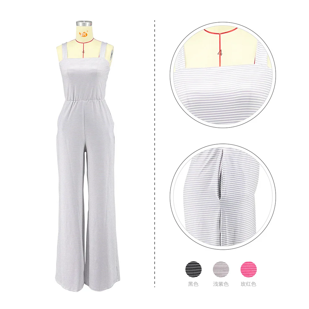 Trendy Summer Ladies Clothes Striped Pocket Loose Rompers Women Jumpsuit Sling Wide Leg Jumpsuits